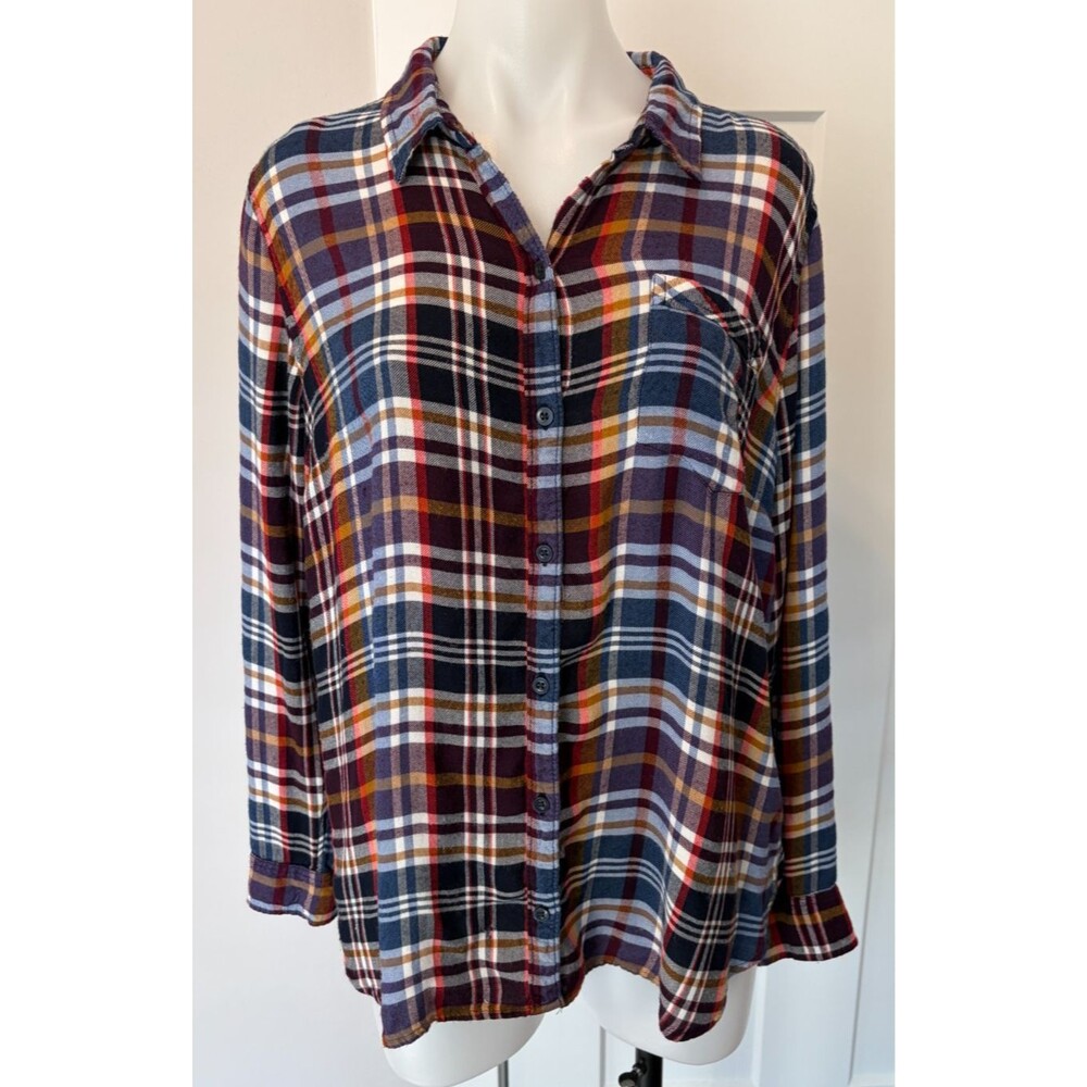 LUCKY BRAND Womens Button TOP Long Sleeve BLUE Red Gold PLAID Size XL